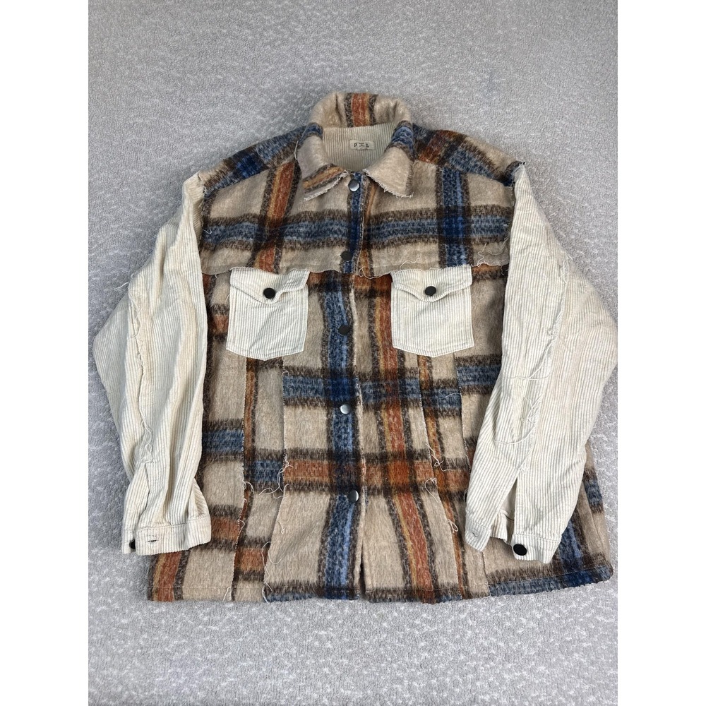 POL Jacket Womens Medium Beige Plaid Fleece Corduroy Sleeves Snap Front Shacket